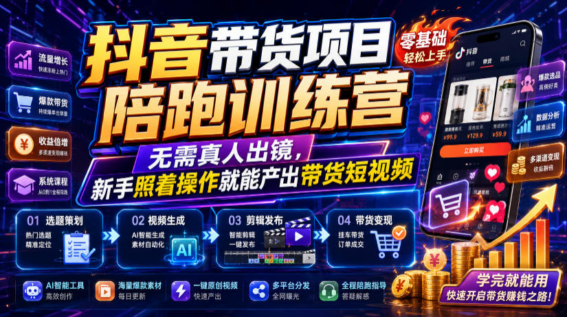 抖音带货项目陪跑训练营,无需真人出镜,新手照着操作就能产出带货短视频力繁信息站-闲云创业网-老谢轻创网-中创网-福缘网-冒泡网-资源之家-魔方项目库力繁信息站