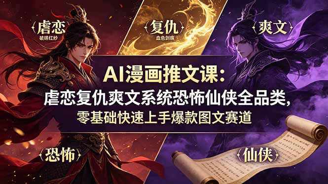 AI漫画推文课：虐恋复仇爽文系统恐怖仙侠全品类，零基础快速上手爆款图文赛道力繁信息站-闲云创业网-老谢轻创网-中创网-福缘网-冒泡网-资源之家-魔方项目库力繁信息站