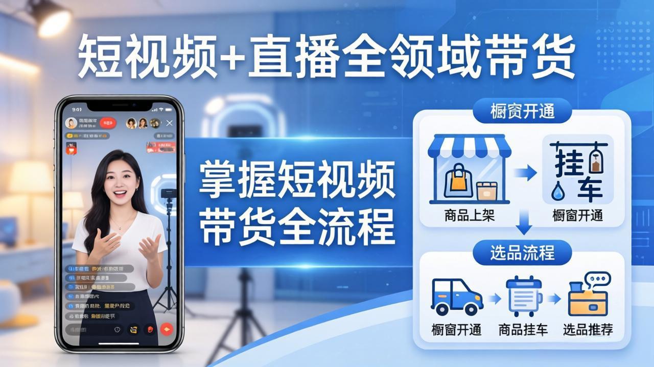 短视频+直播全领域带货：掌握橱窗开通、挂车、选品、爆款文案改编等短视频带货全流程力繁信息站-闲云创业网-老谢轻创网-中创网-福缘网-冒泡网-资源之家-魔方项目库力繁信息站