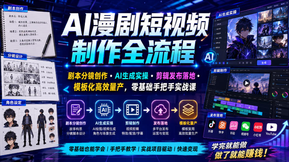AI漫剧短视频制作全流程|剧本分镜创作・AI生成实操・剪辑发布落地・模板化高效量产,零基础手把手实战课力繁信息站-闲云创业网-老谢轻创网-中创网-福缘网-冒泡网-资源之家-魔方项目库力繁信息站