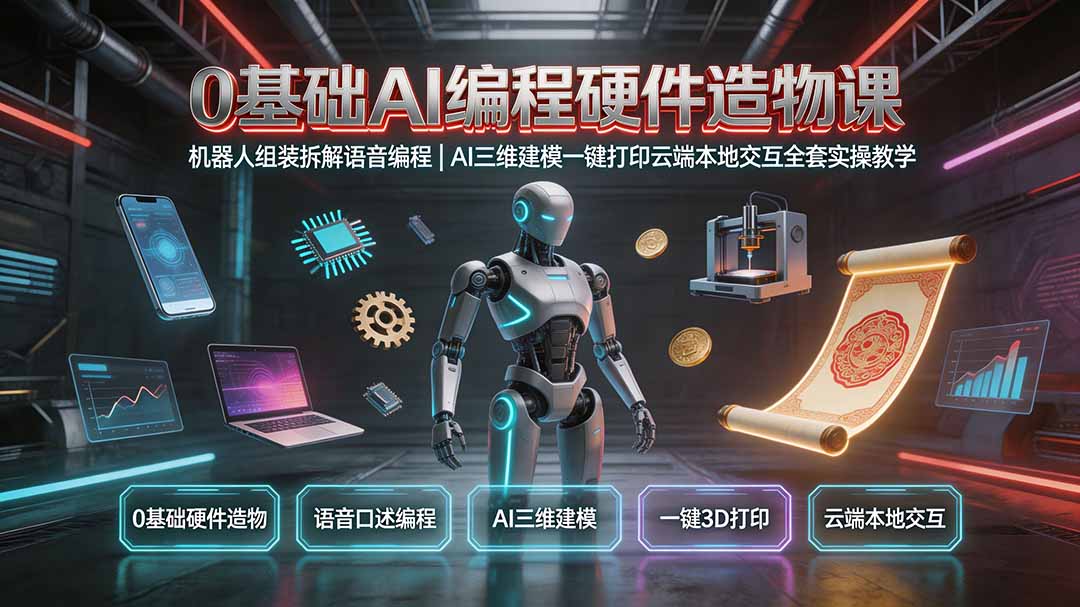 0基础AI编程硬件造物课|机器人组装拆解语音编程,AI三维建模一键打印云端本地交互全套实操教学力繁信息站-闲云创业网-老谢轻创网-中创网-福缘网-冒泡网-资源之家-魔方项目库力繁信息站