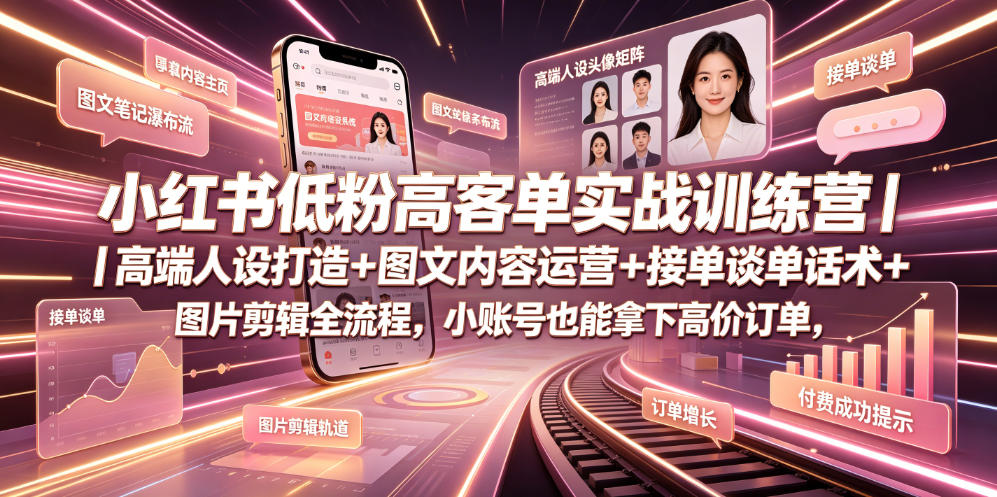 小红书低粉高客单实战训练营｜高端人设打造+图文内容运营+接单谈单话术+图片剪辑全流程，小账号也能拿下高价订单力繁信息站-闲云创业网-老谢轻创网-中创网-福缘网-冒泡网-资源之家-魔方项目库力繁信息站