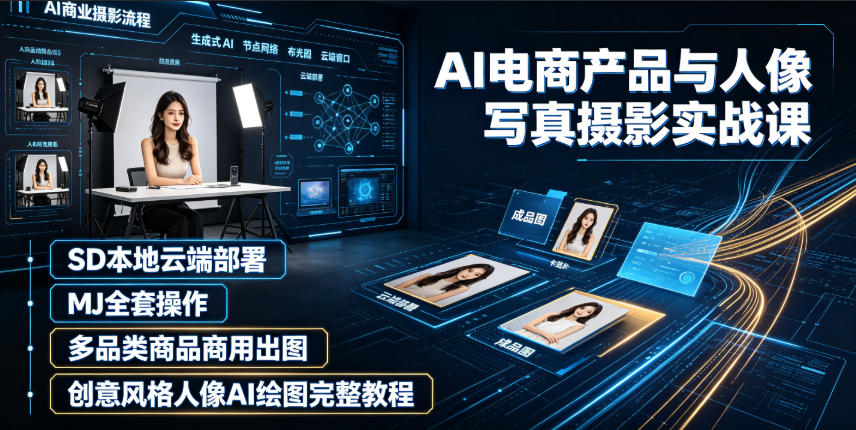 AI电商产品与人像写真摄影实战课|SD本地云端部署、MJ全套操作、多品类商品商用出图、创意风格人像AI绘图完整教程力繁信息站-闲云创业网-老谢轻创网-中创网-福缘网-冒泡网-资源之家-魔方项目库力繁信息站