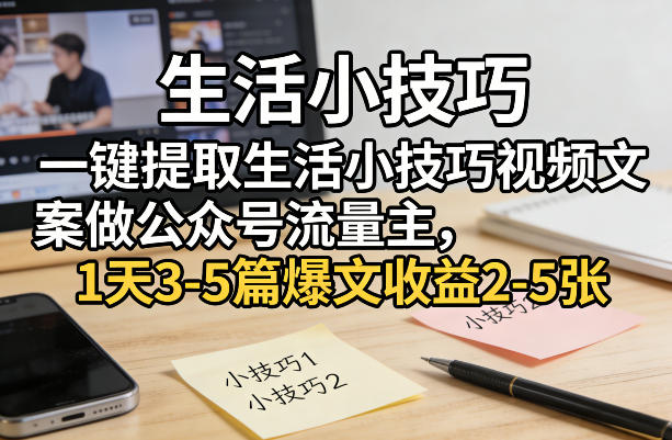 一键提取生活小技巧视频文案做公众号流量主，1天3-5篇爆文收益2-5张力繁信息站-闲云创业网-老谢轻创网-中创网-福缘网-冒泡网-资源之家-魔方项目库力繁信息站
