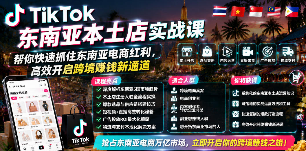 TikTok东南亚本土店实战课,帮你快速抓住东南亚电商红利,高效开启跨境賺钱新通道力繁信息站-闲云创业网-老谢轻创网-中创网-福缘网-冒泡网-资源之家-魔方项目库力繁信息站