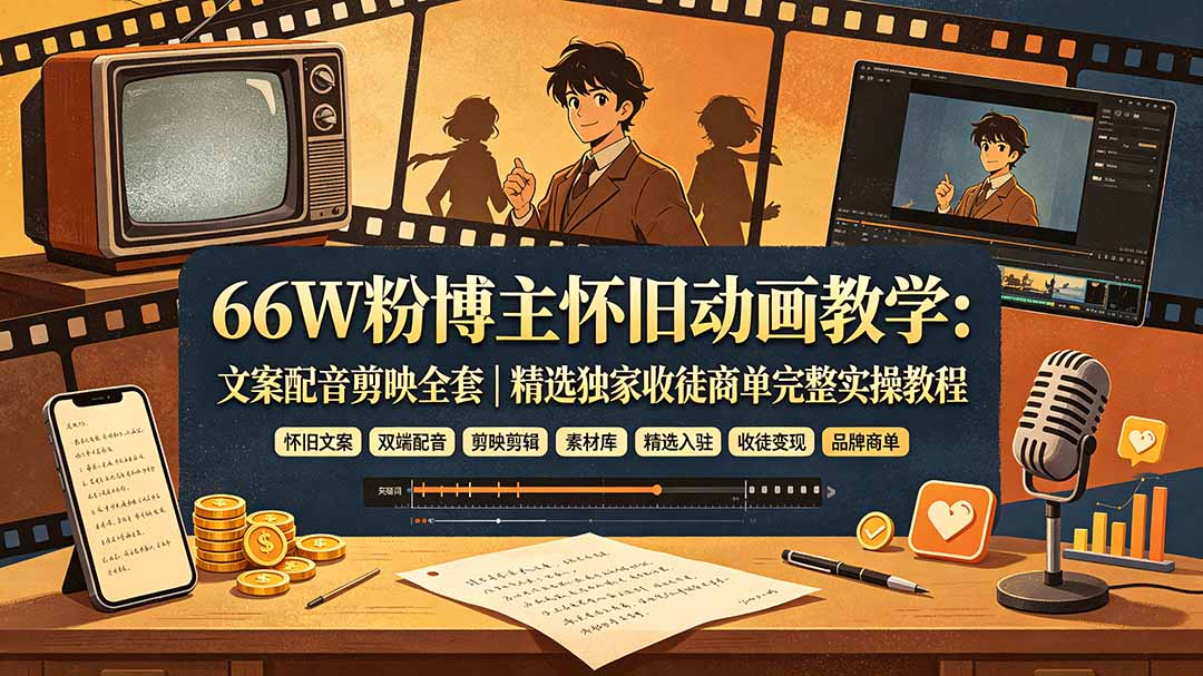 66W粉博主怀旧动画教学:文案配音剪映全套|精选独家收徒商单完整实操教程力繁信息站-闲云创业网-老谢轻创网-中创网-福缘网-冒泡网-资源之家-魔方项目库力繁信息站