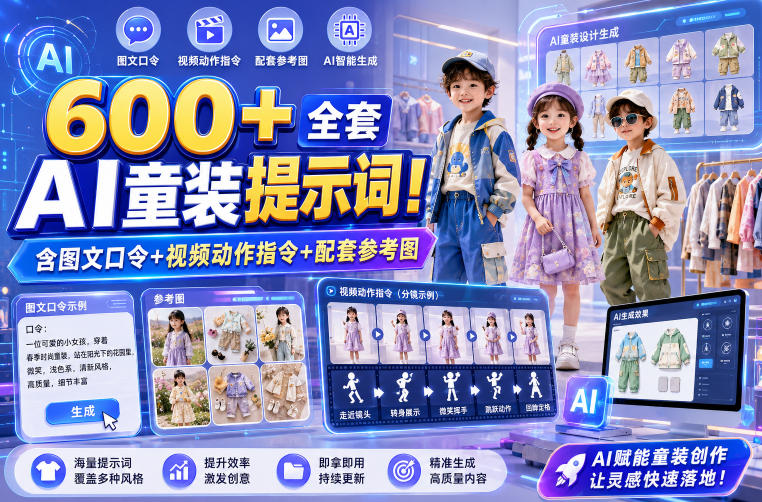 600+全套AI童装提示词!含图文口令+视频动作指令+配套参考图,Word-Excel规整分类,童装电商、种草无脑量产内容!力繁信息站-闲云创业网-老谢轻创网-中创网-福缘网-冒泡网-资源之家-魔方项目库力繁信息站