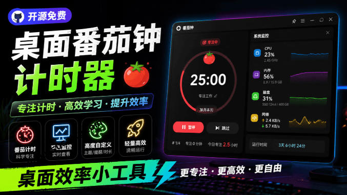 仅1.16MB，开源极简的桌面时钟、番茄钟计时器，还支持系统监控显示，桌面效率小工具Catime力繁信息站-闲云创业网-老谢轻创网-中创网-福缘网-冒泡网-资源之家-魔方项目库力繁信息站