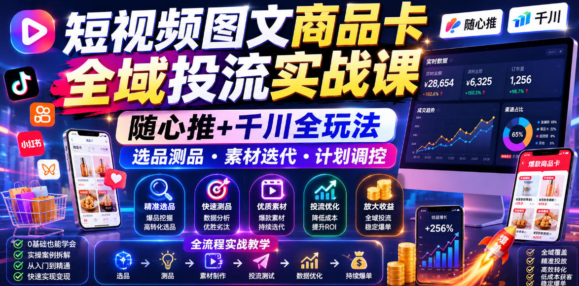 短视频图文商品卡全域投流实战课,随心推+千川全玩法,选品测品・素材迭代・计划调控,提升ROI爆单增收教程力繁信息站-闲云创业网-老谢轻创网-中创网-福缘网-冒泡网-资源之家-魔方项目库力繁信息站
