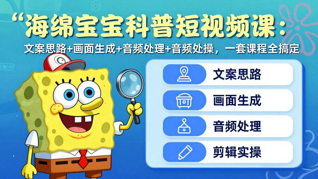 海绵宝宝科普短视频课：文案思路+画面生成+音频处理+剪辑实操，一套课程全搞定力繁信息站-闲云创业网-老谢轻创网-中创网-福缘网-冒泡网-资源之家-魔方项目库力繁信息站