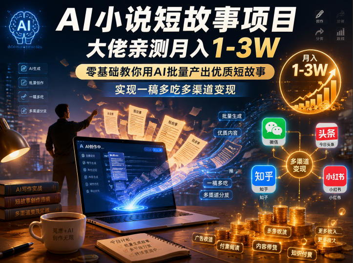 AI小说短故事项目，大佬亲测月入1-3W，零基础教你用AI批量产出优质短故事，实现一稿多吃多渠道变现(更新0624)力繁信息站-闲云创业网-老谢轻创网-中创网-福缘网-冒泡网-资源之家-魔方项目库力繁信息站