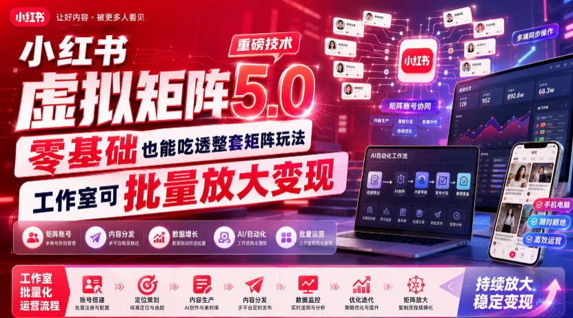 小红书虚拟矩阵5.0重磅技术,零基础也能吃透整套矩阵玩法,工作室可批量放大变现力繁信息站-闲云创业网-老谢轻创网-中创网-福缘网-冒泡网-资源之家-魔方项目库力繁信息站