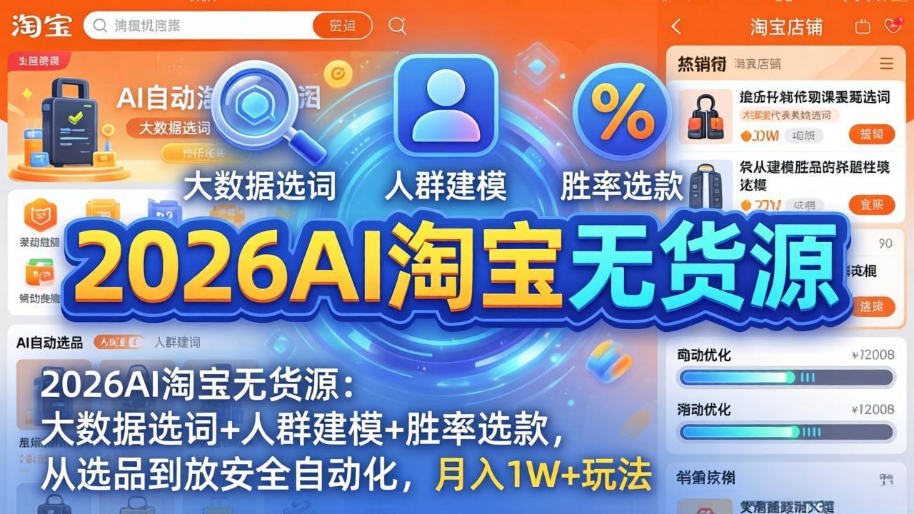 2026AI淘宝无货源：大数据选词+人群建模+胜率选款，从选品到放大全自动化，月入1W+玩法力繁信息站-闲云创业网-老谢轻创网-中创网-福缘网-冒泡网-资源之家-魔方项目库力繁信息站