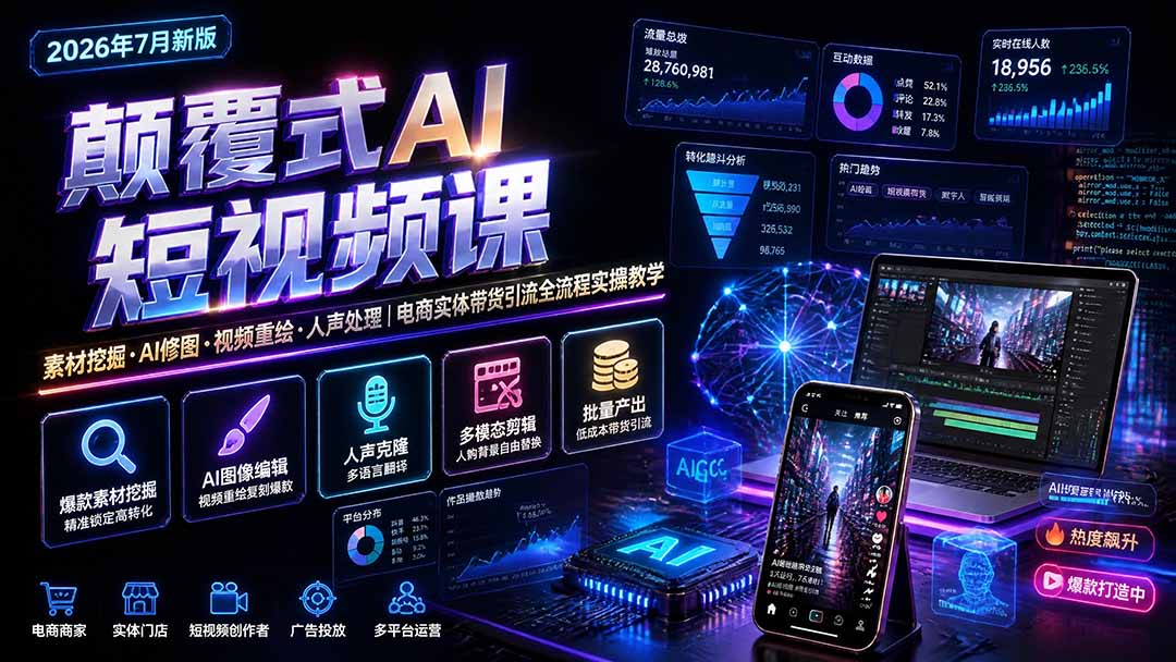 颠覆式AI短视频课｜素材挖掘，AI修图，视频重绘，人声处理｜电商实体带货引流全流程实操教学力繁信息站-闲云创业网-老谢轻创网-中创网-福缘网-冒泡网-资源之家-魔方项目库力繁信息站