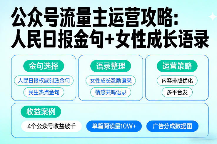 利用人民日报金句+女性成长语录做公众号流量主，4个公众号收益破千力繁信息站-闲云创业网-老谢轻创网-中创网-福缘网-冒泡网-资源之家-魔方项目库力繁信息站