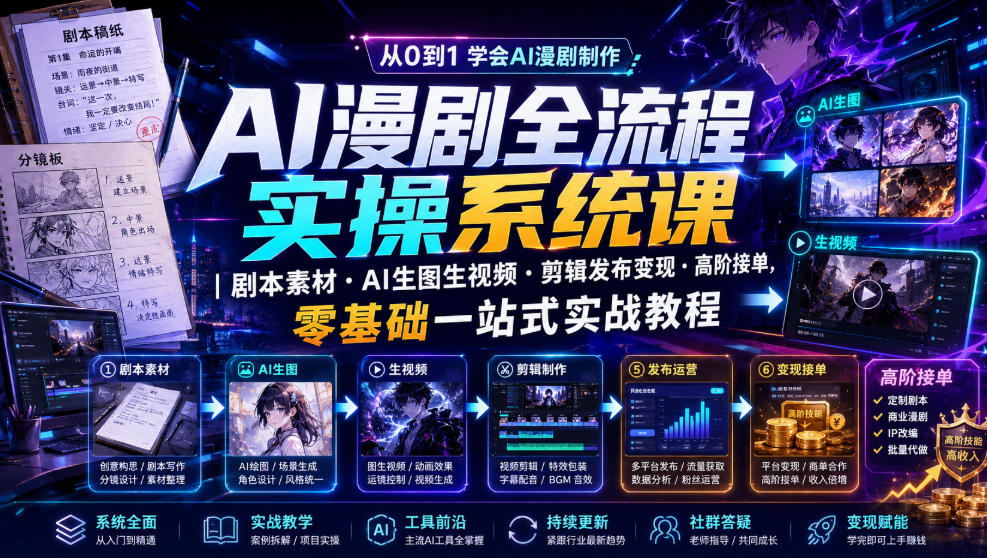 AI漫剧全流程实操系统课|剧本素材・AI生图生视频・剪辑发布变现・高阶接单,零基础一站式实战教程力繁信息站-闲云创业网-老谢轻创网-中创网-福缘网-冒泡网-资源之家-魔方项目库力繁信息站