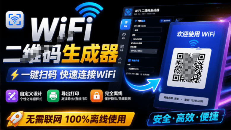 完全离线使用！WiFi二维码生成器，一键扫码快速连接WiFi，支持自定义风格导出WiFi二维码生成器力繁信息站-闲云创业网-老谢轻创网-中创网-福缘网-冒泡网-资源之家-魔方项目库力繁信息站