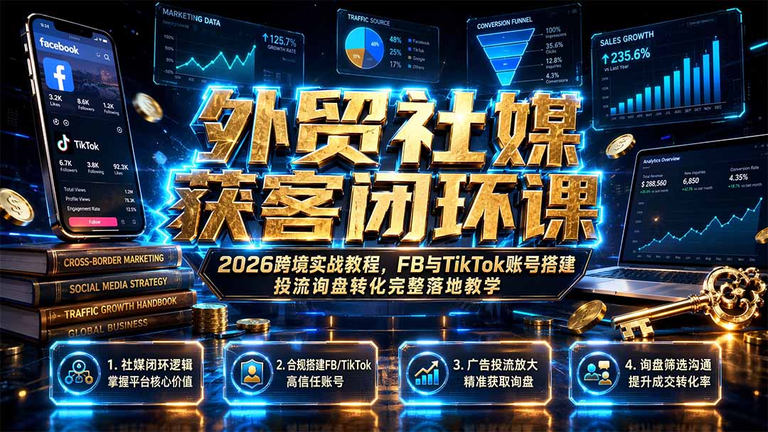 外贸社媒获客闭环课|2026跨境实战教程,FB与TikTok账号搭建投流询盘转化完整落地教学力繁信息站-闲云创业网-老谢轻创网-中创网-福缘网-冒泡网-资源之家-魔方项目库力繁信息站