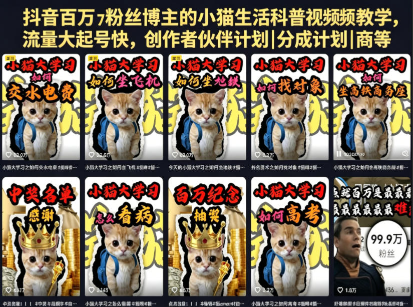抖音百万粉丝博主的小猫生活科普视频教学,流量大起号快,创作者伙伴计划|分成计划|商单|收徒等力繁信息站-闲云创业网-老谢轻创网-中创网-福缘网-冒泡网-资源之家-魔方项目库力繁信息站