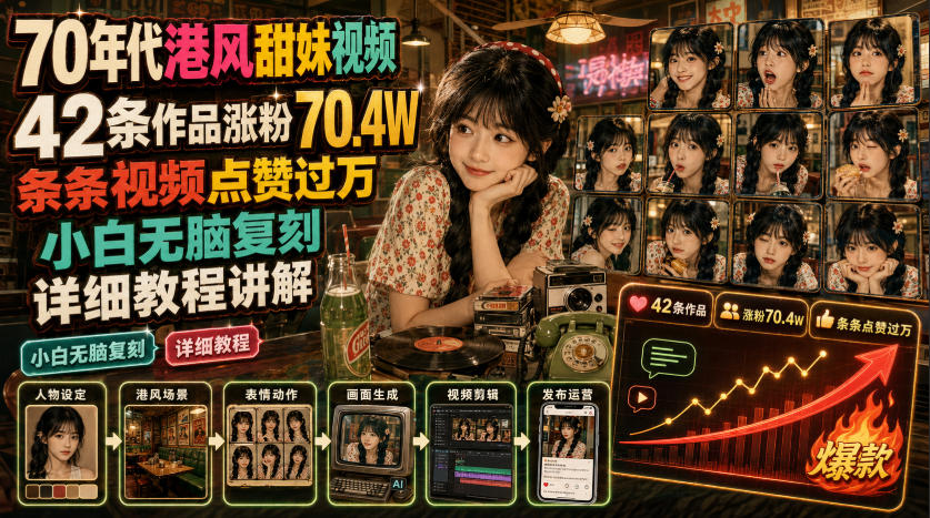 70年代港风甜妹视频,42条作品涨粉70.4W,条条视频点赞过万,小白无脑复刻,详细教程讲解力繁信息站-闲云创业网-老谢轻创网-中创网-福缘网-冒泡网-资源之家-魔方项目库力繁信息站