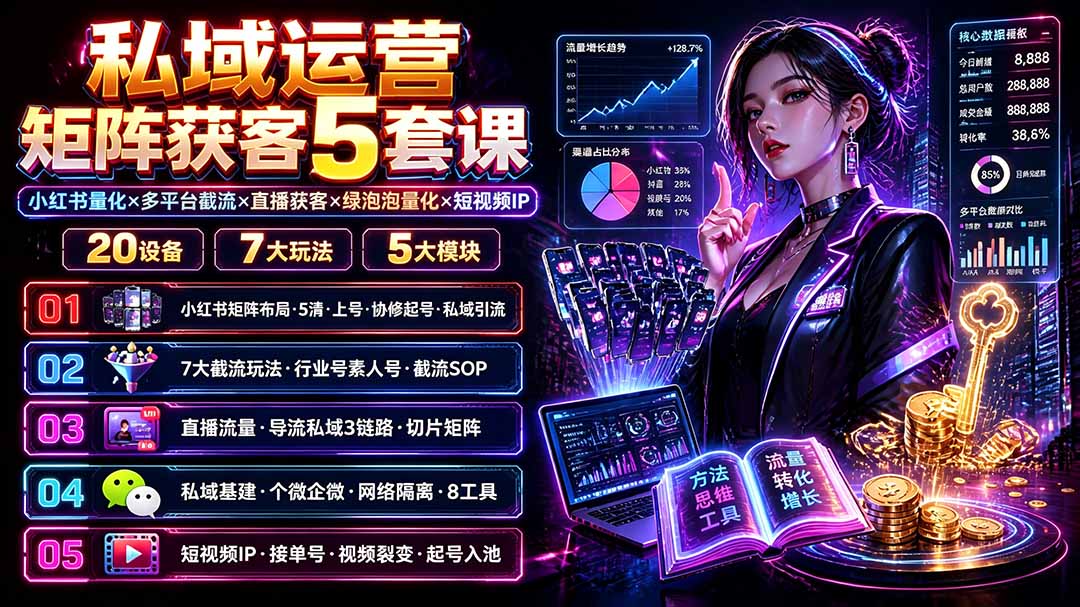 私域运营矩阵获客5套课:小红书量化×多平台截流×直播获客×绿泡泡量化×短视频IP×20设备×7大玩法力繁信息站-闲云创业网-老谢轻创网-中创网-福缘网-冒泡网-资源之家-魔方项目库力繁信息站