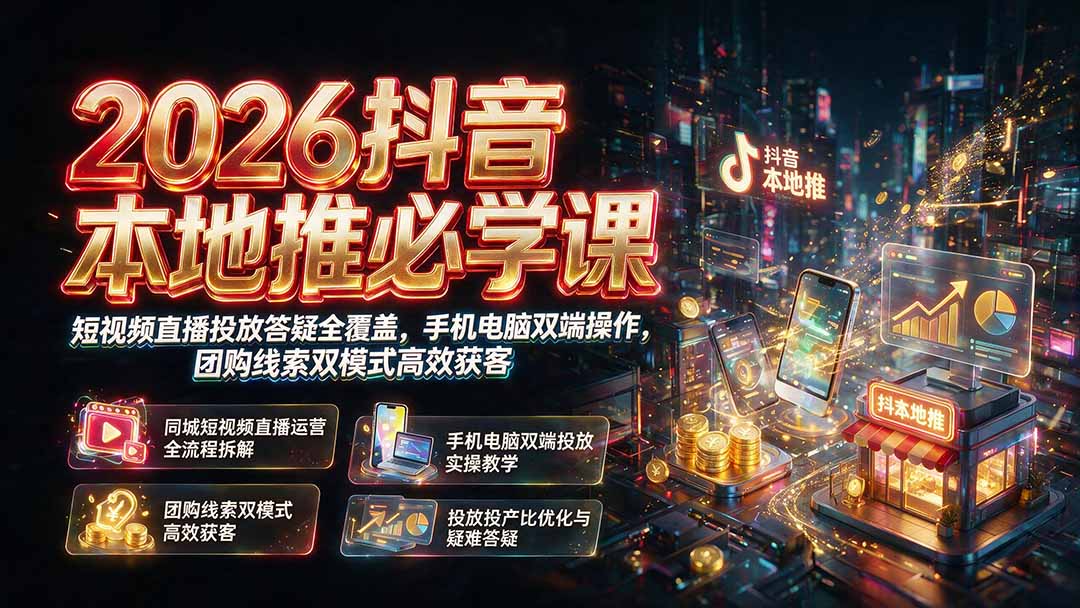 2026抖音本地推必学课|短视频直播投放答疑全覆盖,手机电脑双端操作,团购线索双模式高效获客力繁信息站-闲云创业网-老谢轻创网-中创网-福缘网-冒泡网-资源之家-魔方项目库力繁信息站