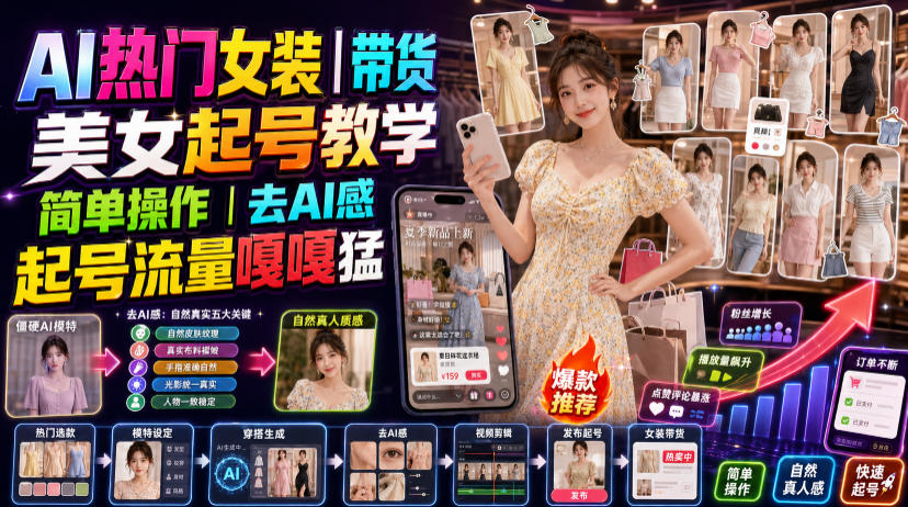 AI热门女装带货丨美女起号教学,简单操作,去AI感,起号流量嘎嘎猛力繁信息站-闲云创业网-老谢轻创网-中创网-福缘网-冒泡网-资源之家-魔方项目库力繁信息站