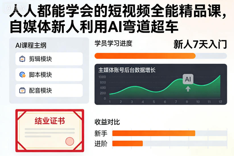 人人都能学会的短视频全能精品课，自媒体新人利用AI弯道超车力繁信息站-闲云创业网-老谢轻创网-中创网-福缘网-冒泡网-资源之家-魔方项目库力繁信息站