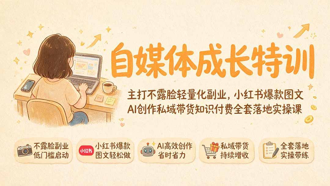 自媒体成长特训｜主打不露脸轻量化副业，小红书爆款图文AI创作私域带货知识付费全套落地实操课力繁信息站-闲云创业网-老谢轻创网-中创网-福缘网-冒泡网-资源之家-魔方项目库力繁信息站