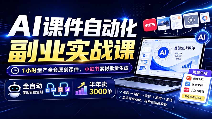 AI课件自动化副业实战课:1小时量产全套原创课件×小红书素材批量生成×全自动变现管线×半年卖3000单力繁信息站-闲云创业网-老谢轻创网-中创网-福缘网-冒泡网-资源之家-魔方项目库力繁信息站