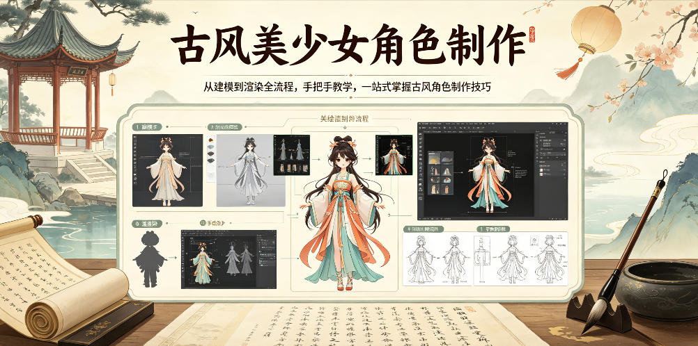 古风美少女角色制作,从建模到渲染全流程,手把手教学,一站式掌握古风角色制作技巧力繁信息站-闲云创业网-老谢轻创网-中创网-福缘网-冒泡网-资源之家-魔方项目库力繁信息站