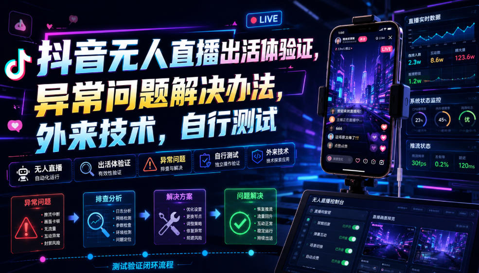 抖音无人直播出活体验证，异常问题解决办法，外来技术，自行测试力繁信息站-闲云创业网-老谢轻创网-中创网-福缘网-冒泡网-资源之家-魔方项目库力繁信息站
