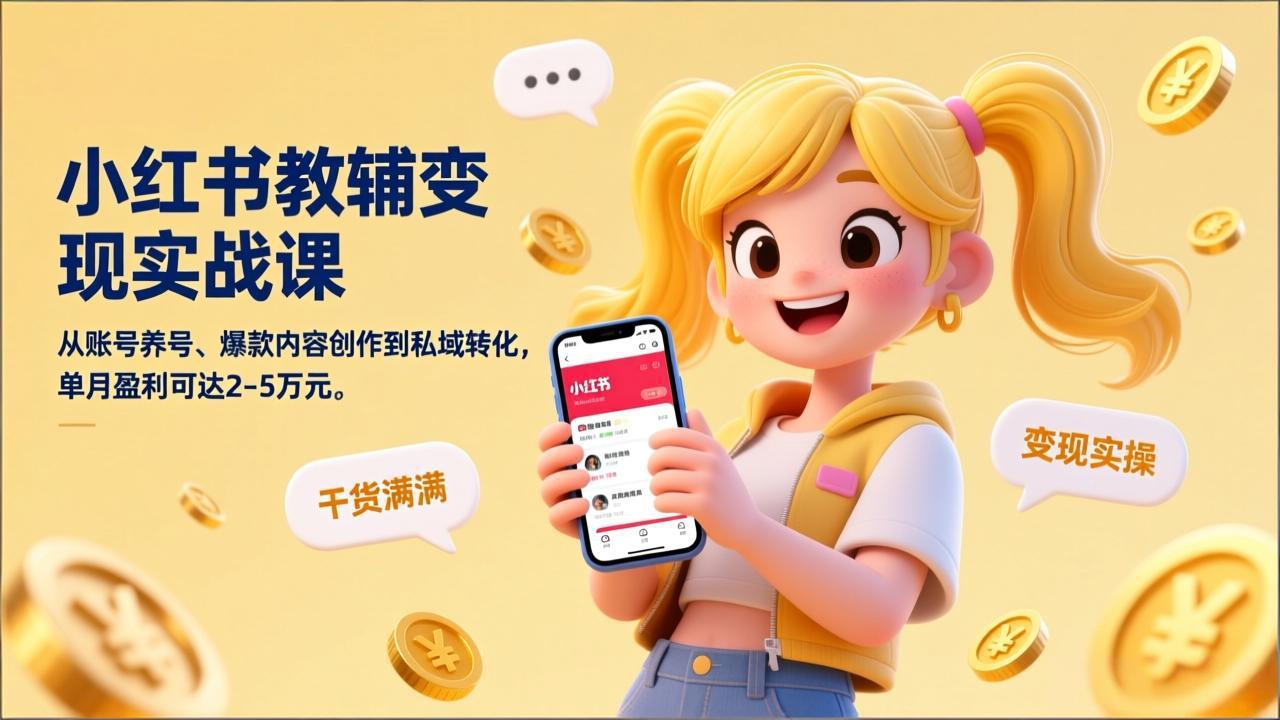 小红书教辅变现实战课，从账号养号、爆款内容创作到私域转化，单月盈利可达2-5万元力繁信息站-闲云创业网-老谢轻创网-中创网-福缘网-冒泡网-资源之家-魔方项目库力繁信息站