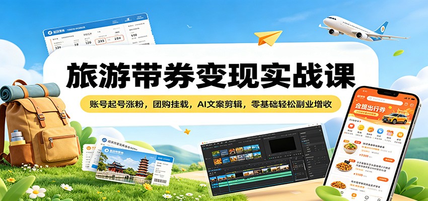 旅游带券变现实战课：账号起号涨粉，团购挂载，AI文案剪辑，零基础轻松副业增收力繁信息站-闲云创业网-老谢轻创网-中创网-福缘网-冒泡网-资源之家-魔方项目库力繁信息站