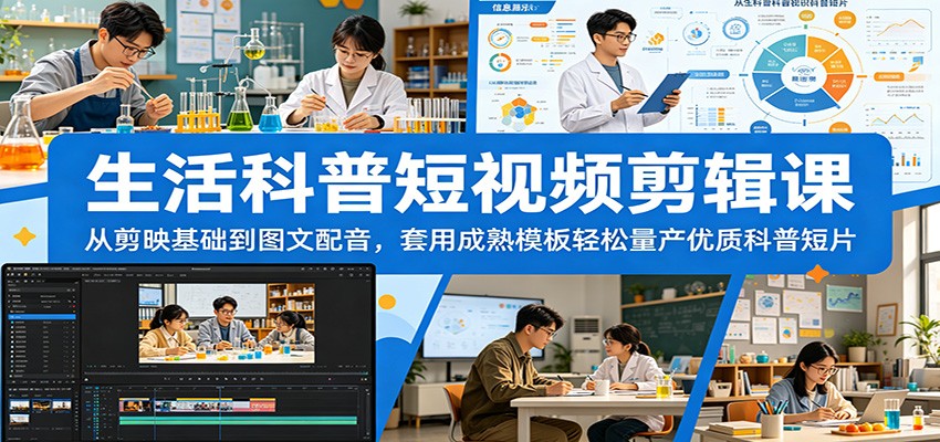 生活科普短视频剪辑课:从剪映基础到图文配音,套用成熟模板轻松量产优质科普短片力繁信息站-闲云创业网-老谢轻创网-中创网-福缘网-冒泡网-资源之家-魔方项目库力繁信息站