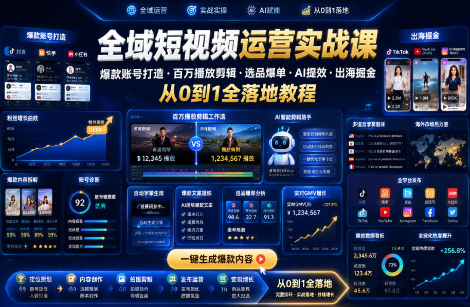 全域短视频运营实战课，爆款账号打造・百万播放剪辑・选品爆单・AI提效・出海掘金，从0到1全落地教程力繁信息站-闲云创业网-老谢轻创网-中创网-福缘网-冒泡网-资源之家-魔方项目库力繁信息站