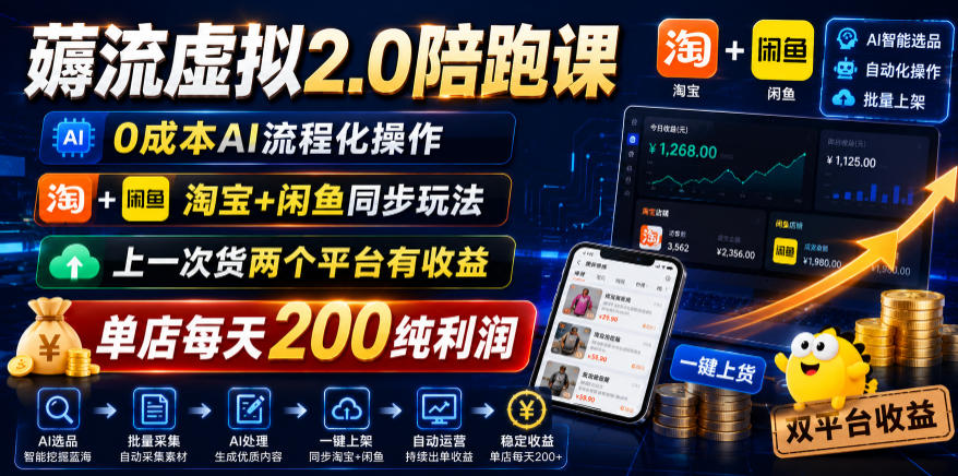 薅流虚拟2.0陪跑课,0成本AI流程化操作,淘宝+闲鱼同步玩法,上一次货两个平台有收益,单店每天200纯利润力繁信息站-闲云创业网-老谢轻创网-中创网-福缘网-冒泡网-资源之家-魔方项目库力繁信息站