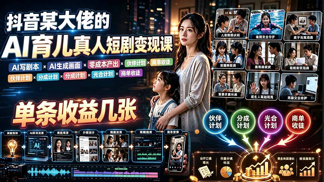 AI育儿真人短剧变现课：AI写剧本×AI生成画面×零成本产出×伙伴计划×分成计划×光合计划×商单收徒力繁信息站-闲云创业网-老谢轻创网-中创网-福缘网-冒泡网-资源之家-魔方项目库力繁信息站