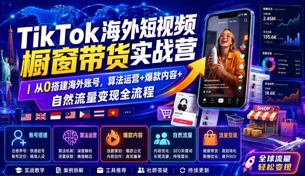 TikTok海外短视频橱窗带货实战营｜从0搭建海外账号，算法运营+爆款内容+自然流量变现全流程力繁信息站-闲云创业网-老谢轻创网-中创网-福缘网-冒泡网-资源之家-魔方项目库力繁信息站