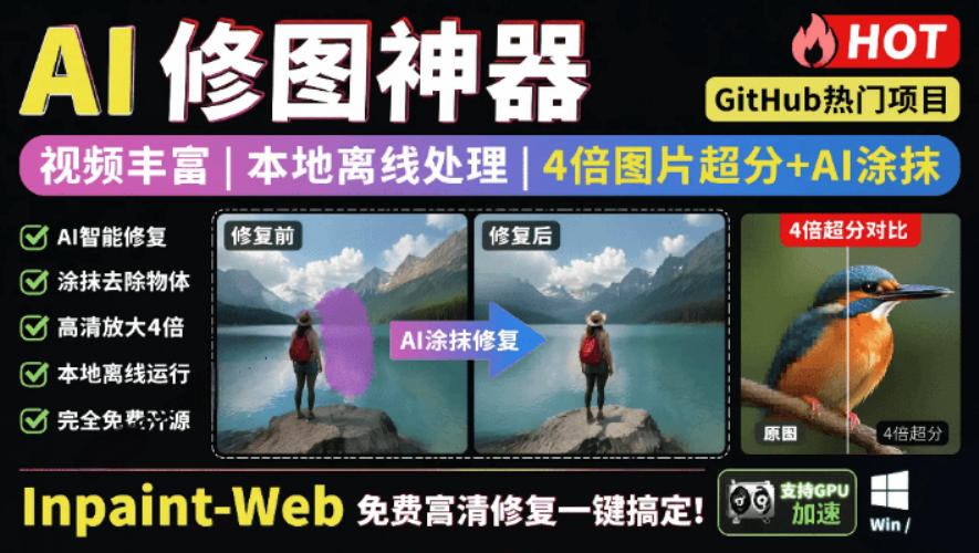 本地离线处理，4倍图片超分+AI涂抹去水印！Github上热门神器，免费高清修复图一键搞定！Inpaint-Web力繁信息站-闲云创业网-老谢轻创网-中创网-福缘网-冒泡网-资源之家-魔方项目库力繁信息站