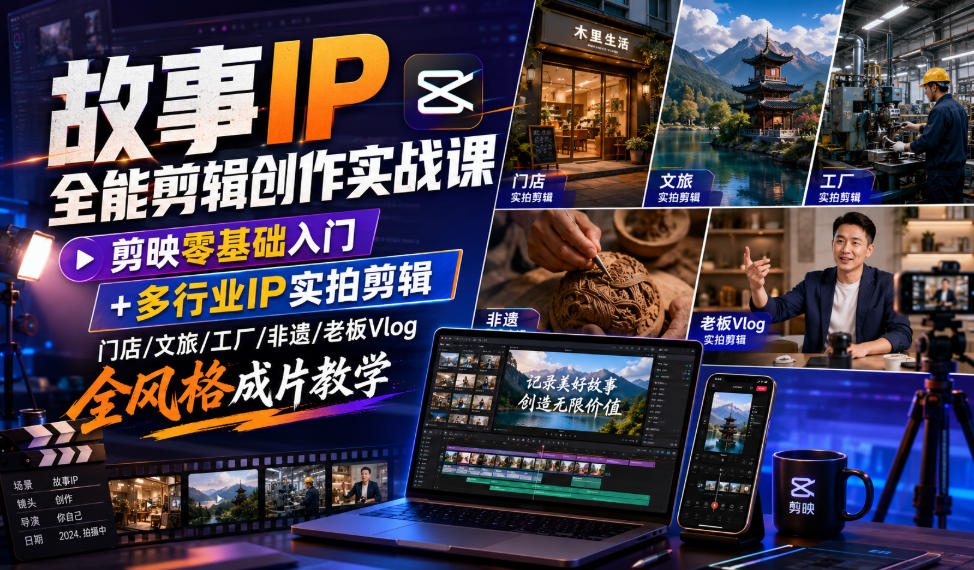 故事IP全能剪辑创作实战课|剪映零基础入门+多行业IP实拍剪辑,门店/文旅/工厂/非遗/老板Vlog全风格成片教学力繁信息站-闲云创业网-老谢轻创网-中创网-福缘网-冒泡网-资源之家-魔方项目库力繁信息站