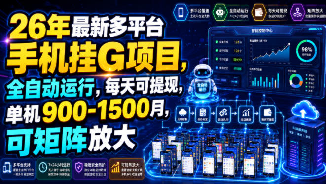 26年最新多平台手机挂G项目，全自动运行，每天可提现，单机900-1500月，可矩阵放大【揭秘】力繁信息站-闲云创业网-老谢轻创网-中创网-福缘网-冒泡网-资源之家-魔方项目库力繁信息站