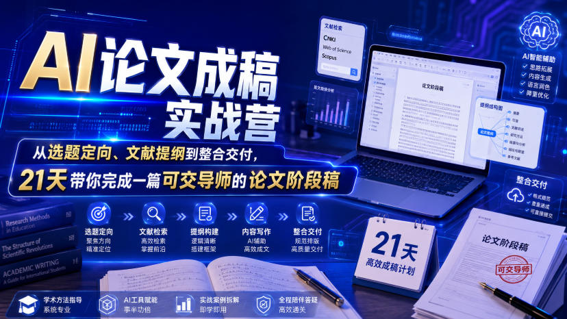 AI论文成稿实战营,从选题定向、文献提纲到整合交付,21天带你完成一篇可交导师的论文阶段稿力繁信息站-闲云创业网-老谢轻创网-中创网-福缘网-冒泡网-资源之家-魔方项目库力繁信息站
