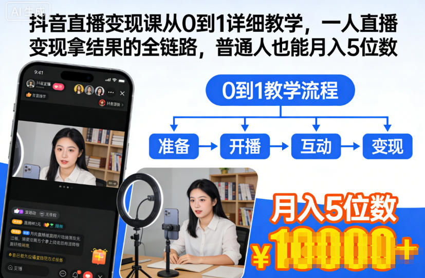 抖音直播变现课从0到1详细教学，一人直播变现拿结果的全链路，普通人也能月入5位数力繁信息站-闲云创业网-老谢轻创网-中创网-福缘网-冒泡网-资源之家-魔方项目库力繁信息站