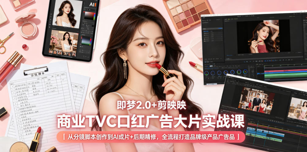 即梦2.0+剪映商业TVC口红广告大片实战课|从分镜脚本创作到AI成片+后期精修,全流程打造品牌级产品广告力繁信息站-闲云创业网-老谢轻创网-中创网-福缘网-冒泡网-资源之家-魔方项目库力繁信息站