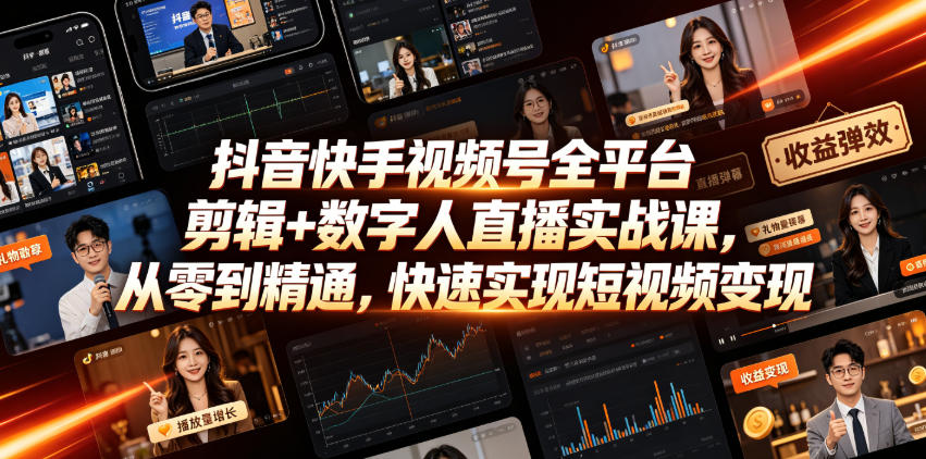抖音快手视频号全平台剪辑+数字人直播实战课,从零到精通,快速实现短视频变现(更新2026年6月)力繁信息站-闲云创业网-老谢轻创网-中创网-福缘网-冒泡网-资源之家-魔方项目库力繁信息站