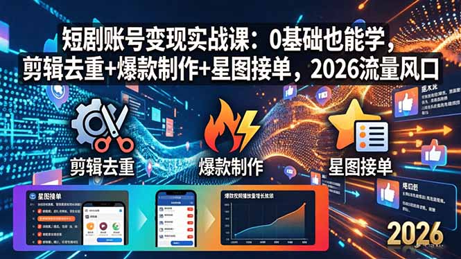 短剧账号变现实战课：0基础也能学，剪辑去重+爆款制作+星图接单，2026流量风口力繁信息站-闲云创业网-老谢轻创网-中创网-福缘网-冒泡网-资源之家-魔方项目库力繁信息站