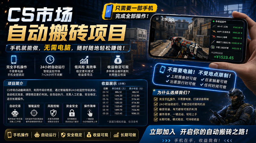手机即可操作的CS市场自动搬砖系统｜自动监控｜自动下单|日入300+【揭秘】力繁信息站-闲云创业网-老谢轻创网-中创网-福缘网-冒泡网-资源之家-魔方项目库力繁信息站