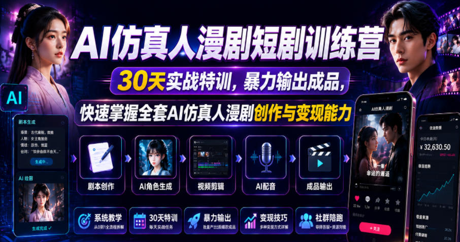 AI仿真人漫剧短剧训练营,30天实战特训,暴力输出成品,快速掌握全套AI仿真人漫剧创作与变现能力力繁信息站-闲云创业网-老谢轻创网-中创网-福缘网-冒泡网-资源之家-魔方项目库力繁信息站