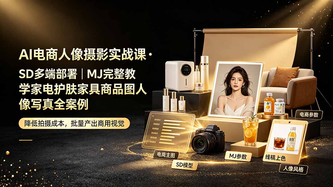 AI电商人像摄影实战课·SD多端部署|MJ完整教学|家电护肤家具商品图人像写真全案例力繁信息站-闲云创业网-老谢轻创网-中创网-福缘网-冒泡网-资源之家-魔方项目库力繁信息站